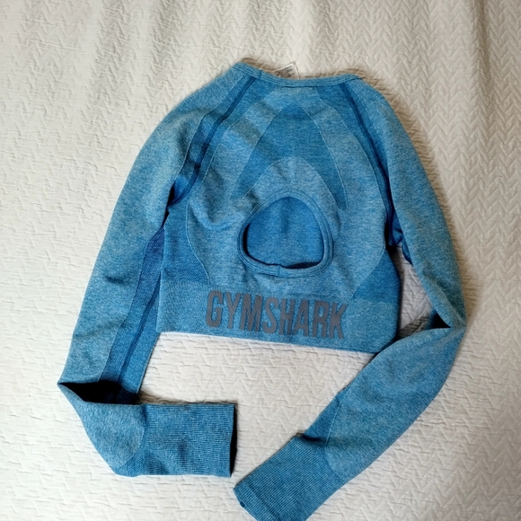 GYMSHARK Lot Of 2 Blue Flex Crop Cutout & Camo Seamless Crop Long Sleeve Top S - Picture 6 of 8